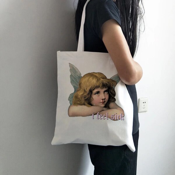 YOU CAN'T SIT WITH US Vintage Harajuku Angel Female College Canvas Shoulder Bag Casual Large Capacity White Totes