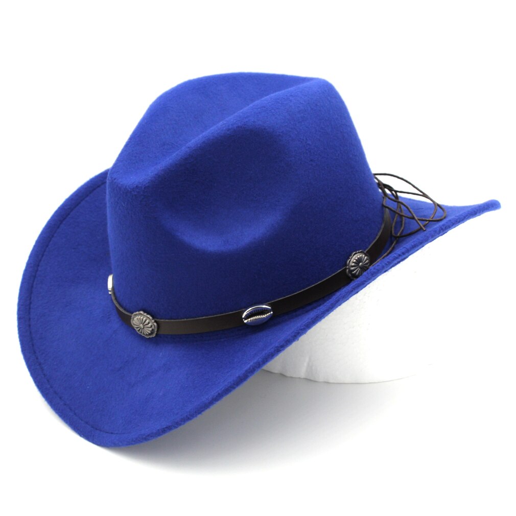 Mistdawn vintage stil bred skygge western cowboy hat cowgirl cap australsk stil hat m / læderbånd størrelse 56-58cm: Blå
