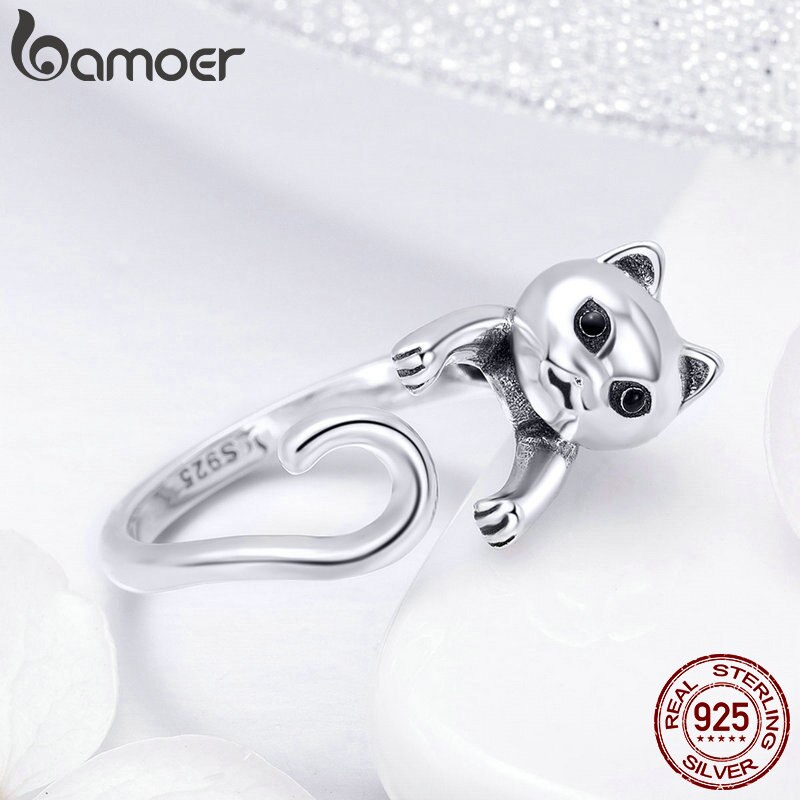 BAMOER Echtem 925 Sterling Silber Lange Schwanz Frech Katze Finger Ringe für Frauen Einstellbare Größe Sterling Silber Schmuck SCR409