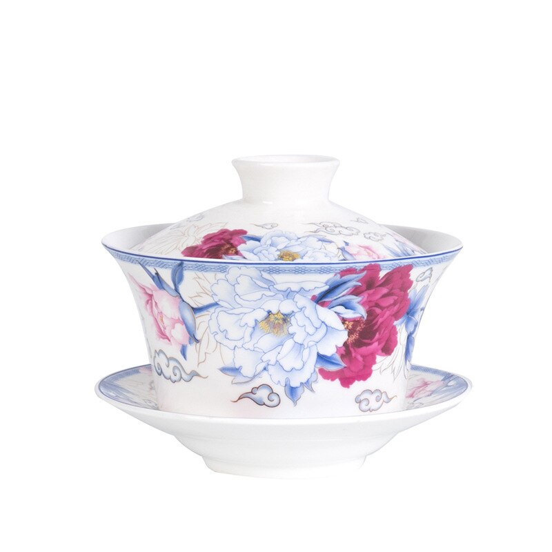 350ml Extra Big Sancai GaiWan Chinese Old Beijing Tea Bowl Jingdezhen Blue and White Porcelain Tea Cup and Saucer Set: 3 colors flower