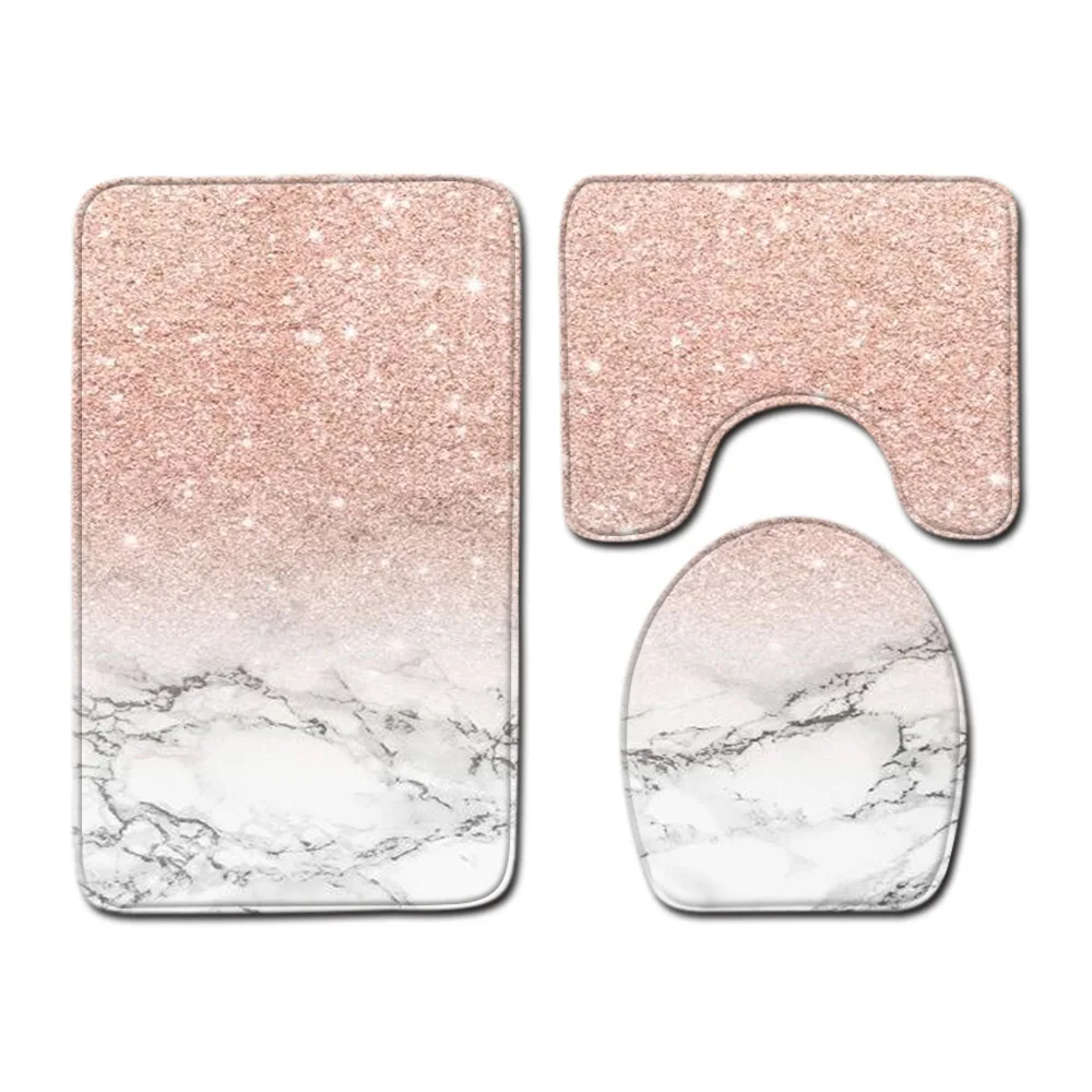 Badkamer marmeren tapijt driedelige set toiletovertrek voetmat badkamer decoratieve mat antislip waterabsorberend dik en comfortabel: WHITE