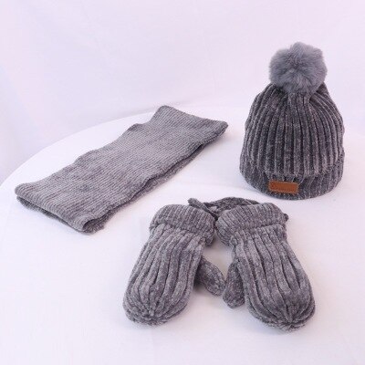 Børn vinter tredelt sæt varm plus fløjlhandske + hat + strikket tørklæde børn ensfarvet tilbehør til koldt vejr: B