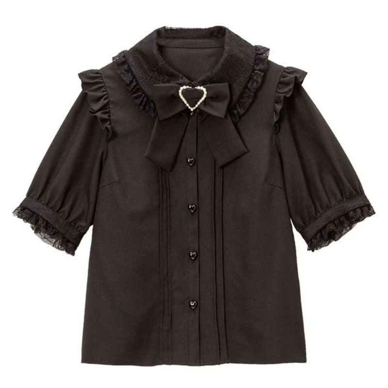 Blusas góticas de Lolita para Mujer, agradable arco con hombros descubiertos, camisa JK para chicas japonesas, Blusas elegantes con volantes de encaje y corazón de amor para Mujer: L / Verde militar