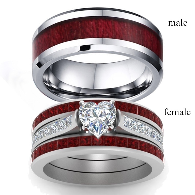 Paar Ringen-Vintage Rvs Ring Romantische Crystal Rhinestones Hart Ring Set Huwelijkscadeau