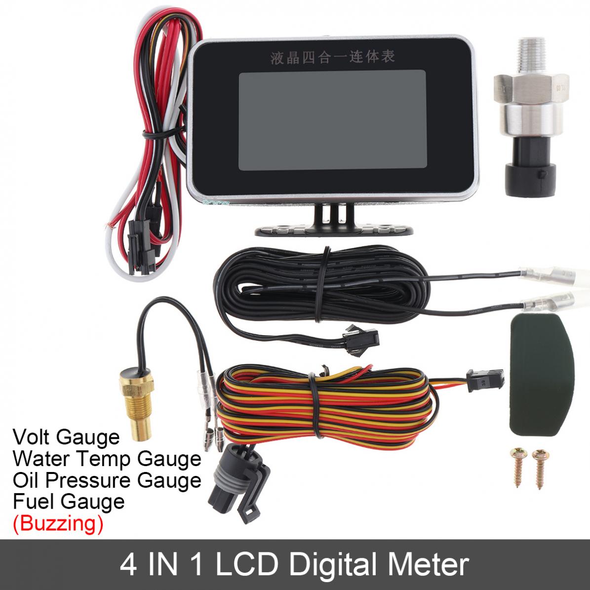 Universal 12v surrande 4 in 1 bil lcd digital voltmätare + vattentempmätare + oljetrycksmätare + bränslemätare med sensor