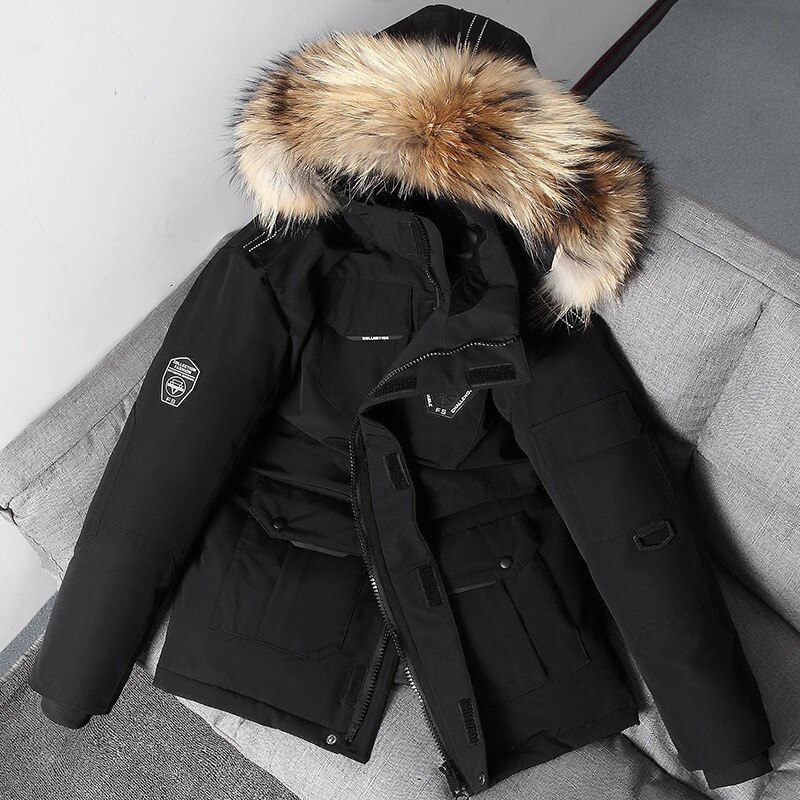 -30 Degree Couple Winter Down Jacket Men White Duck Down Parkas Coat Mid-length Large Fur Collar Down Thicken Coat Snow Overcoat: Black / L