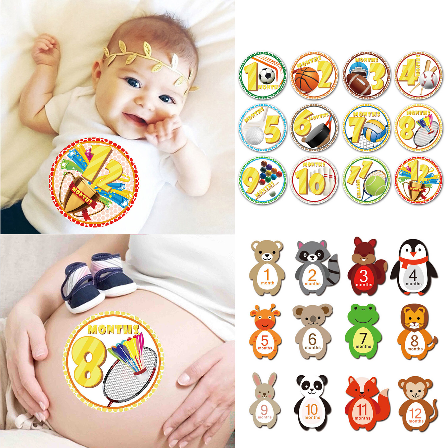 12PCS Baby Milestone Stickers Infants 1-12 Months Growth Record Photograph Monthly Stickers DIY Commemorative Photo Booth Props