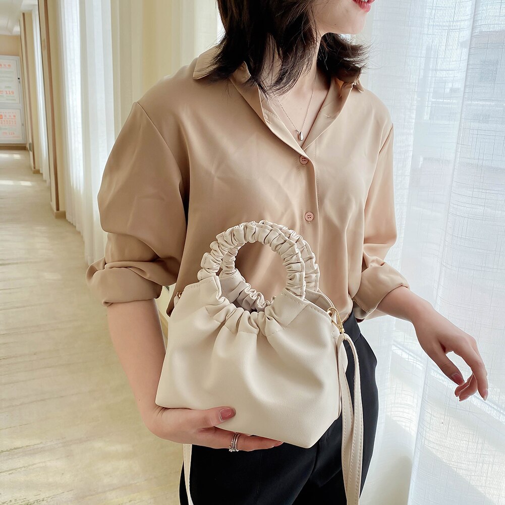 Mulheres Cor Pure bolsa de Ombro Mensageiro Sacos de Couro PU Alça Redonda Plissada Casual Crossbody Bolsas Bolsas Feminina Shopping Bag