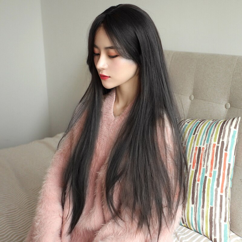 LANLAN-Peluca de cabello largo liso para mujer, estilo coreano, con flequillo centrado en el temperamento, Lolita, invisible, sin costuras, realista, de longitud media