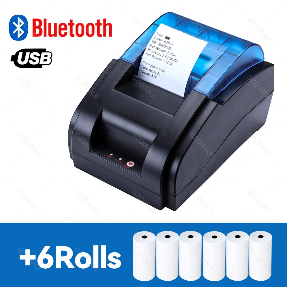 Thermal Receipt Printer 58mm POS Printer Bluetooth USB For Mobile Phone Android iOS Windows For Supermarket and Store: USB BT Add 6Rolls / US plug