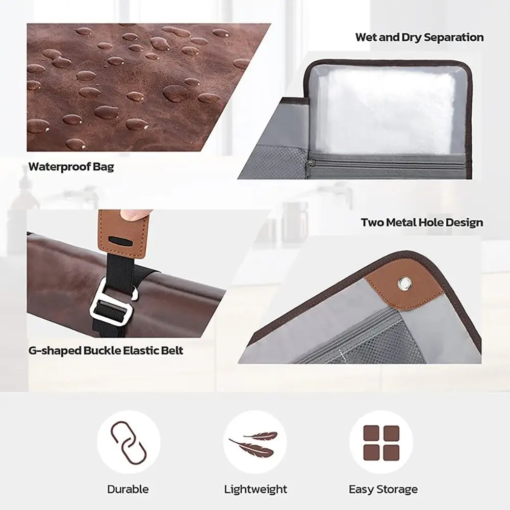 Reisetoalettveske for menn, vannavstøtende universell personlig hygieneveske i pu-skinn, opprullbar dopp-sett, reiseartikler