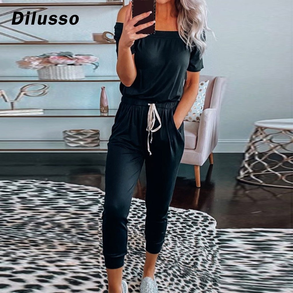 Summer Autumn Women Solid Jumpsuit Slim Casual Short Sleeve Belt Jumpsuit Sports Daily Jumpsuit#D3