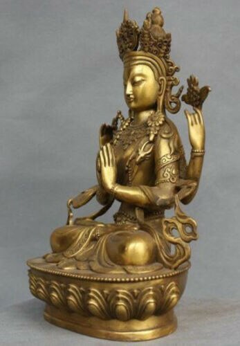 Old Rare Four-armed Avalokitesvara Tibet Bronze Kwan-yin Buddha lucky Statue