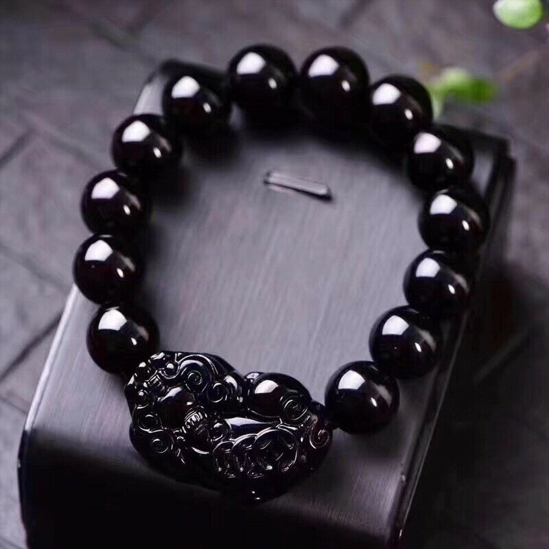 2 uds Feng Shui negro obsidiana piedra riqueza Pi Xiu pulsera de la suerte