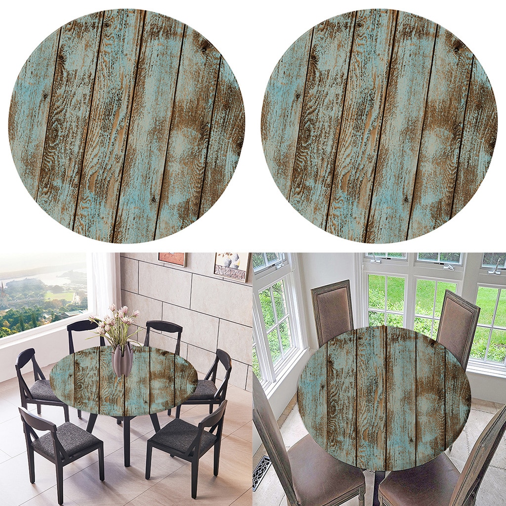 2 Pcs Tafelkleed Ronde 59 Inch Elastische Rand Voorzien Vinyl Tafel Dekken, Rustieke Shabby Houtnerf Patroon