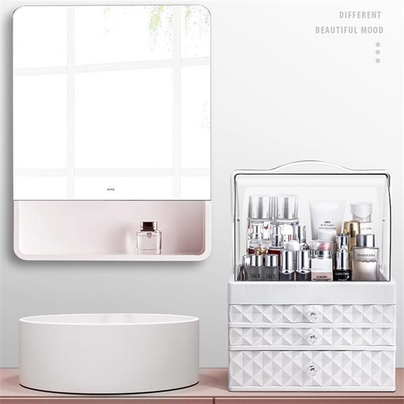 Organisateur de maquillage tendance grande capacité | Anti-poussière, boîte de rangement de cosmétiques, bureau beauté, tiroir de rangement