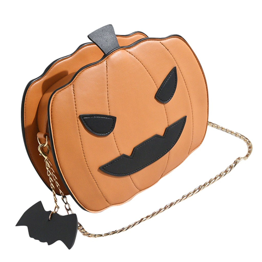 Frauen PU Leder Neue Kette Halloween Kürbis Glänzend Schulter Geldbörse Handtasche Tote Bote Kürbis Tasche: Orange 