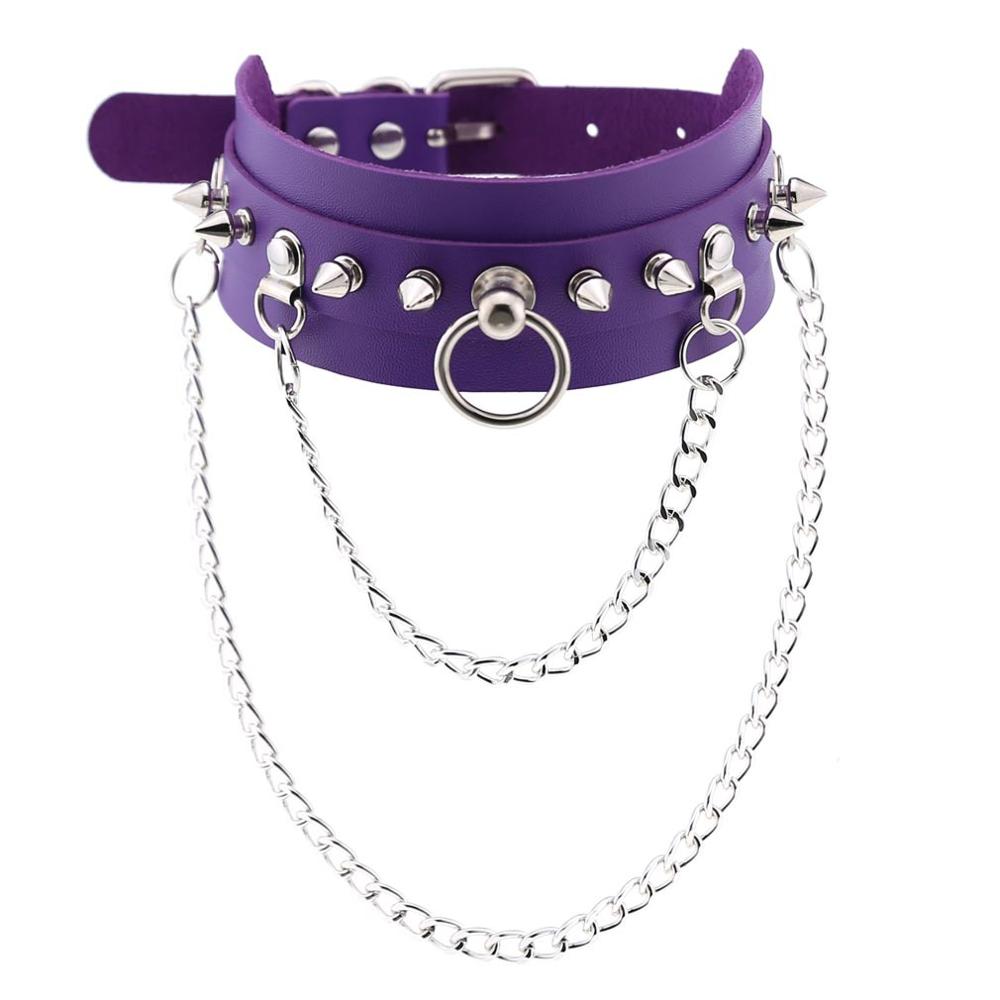 Gothic necklace Punk choker collar goth Silver Color Chain pendant necklace women leather emo kawaii witch rave jewelry: purple