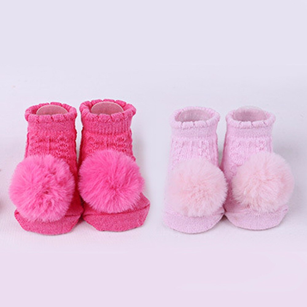 2 Paar/set Baby Meisjes Pom Pom Ademende Sokken Katoenen Baby Winter Sokken Set Anti Slip Met Pompom Antislip Sokken voor 0-6M