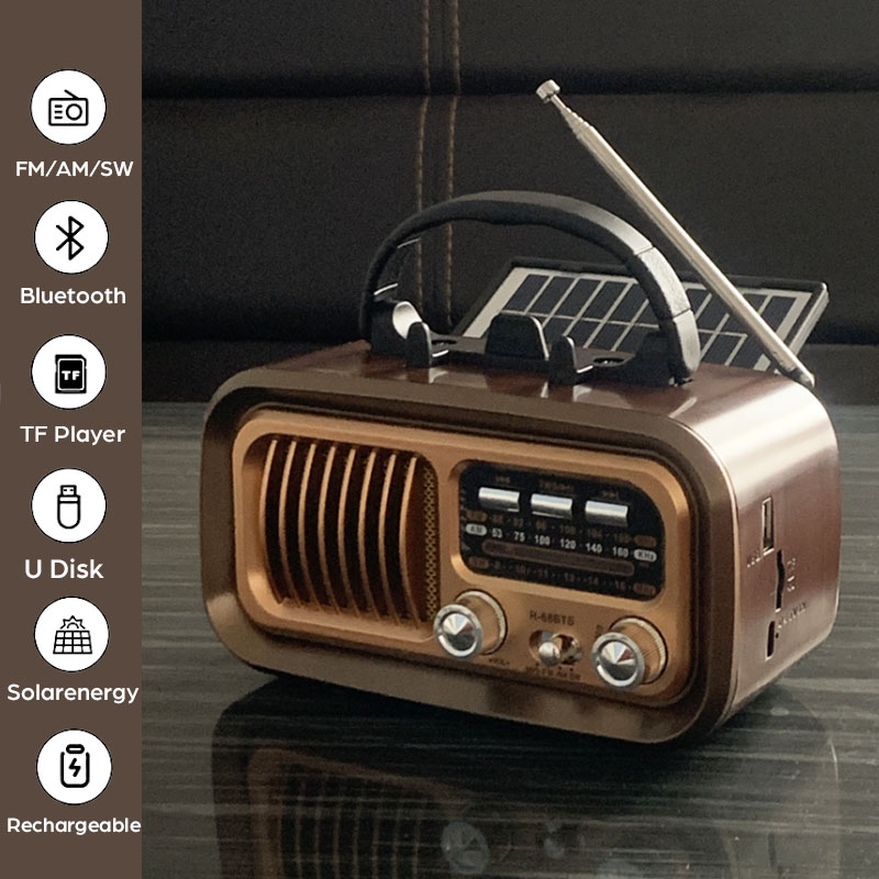 Bärbar dsp-radio klassisk vintage fm am sw-radio trådlös retro solcellsdriven bluetooth-högtalare  mp3 tf usb-musikdosa avtagbart batteri