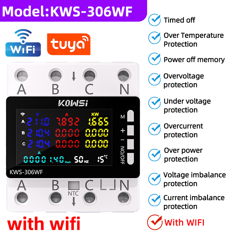 TUYA Wifi Power Energy Meter AC Monitor AC 85-290V 80A 3 Phase 4-wire DIN Rail Over Under Voltage Protector Electricity Meter: Brown