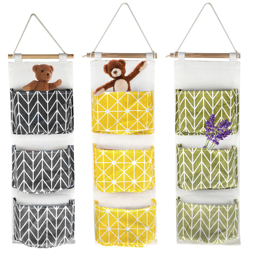 Organizador de pared de lino y algodón con 3 bolsillos, bolsas de almacenamiento, bolsa para la puerta del dormitorio, bolsillo de almacenamiento para el hogar, bolsa colgante de decoración