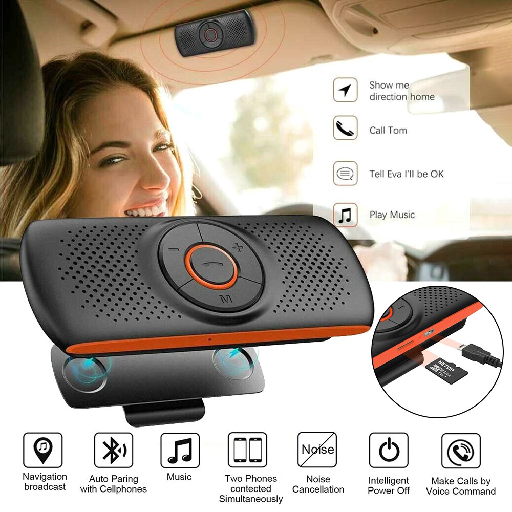 Kit de manos libres inalámbrico para coche, Kit de manos libres, altavoz multipunto, visera solar, cargador de teléfono inteligente, manos libres