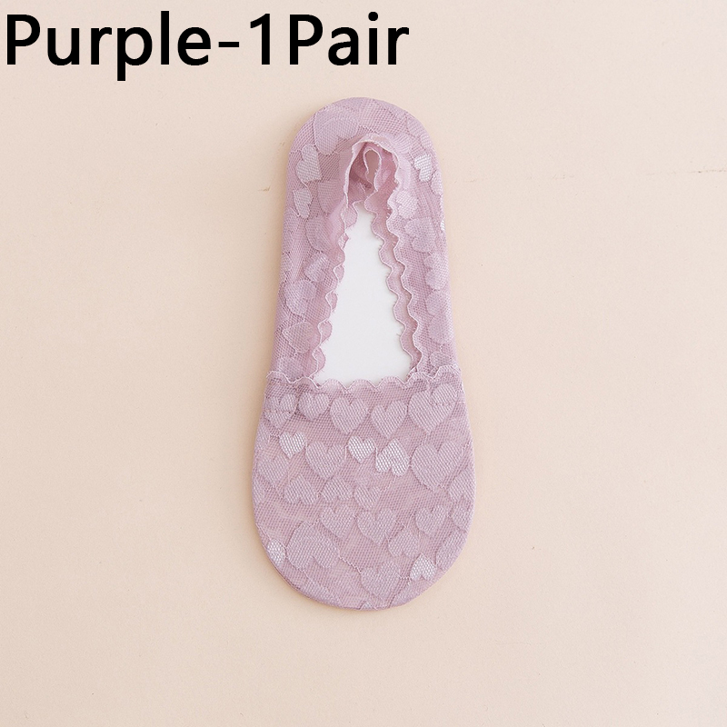 Calcetines tobilleros invisibles sin costuras para mujer y niña, medias tobilleras de encaje con forma de corazón, 1 par: Purple
