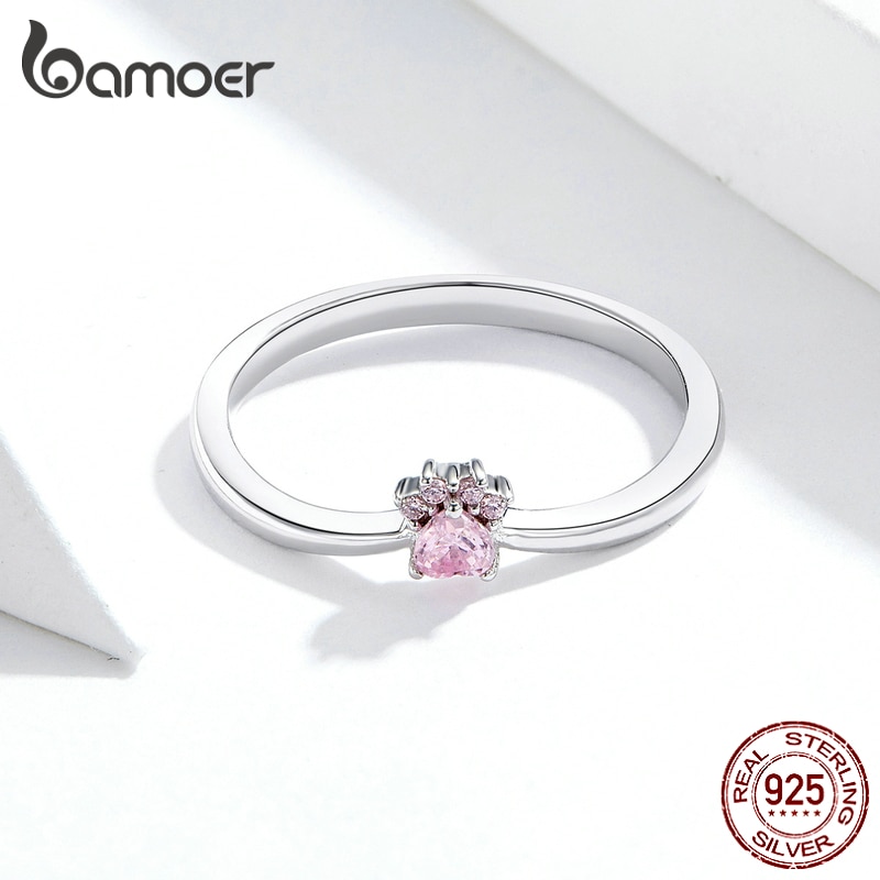 Bamoer real 100% 925 prata esterlina clássico cão pata rosa claro cz anéis de dedo para mulher prata esterlina jóias scr628
