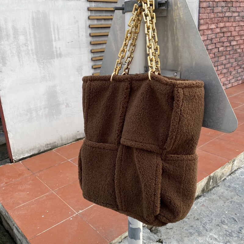 Sac à main en fausse fourrure pour femmes, sangle avec chaîne épaisse, couleur unie, sac à main pour voyage, HP002, hiver,