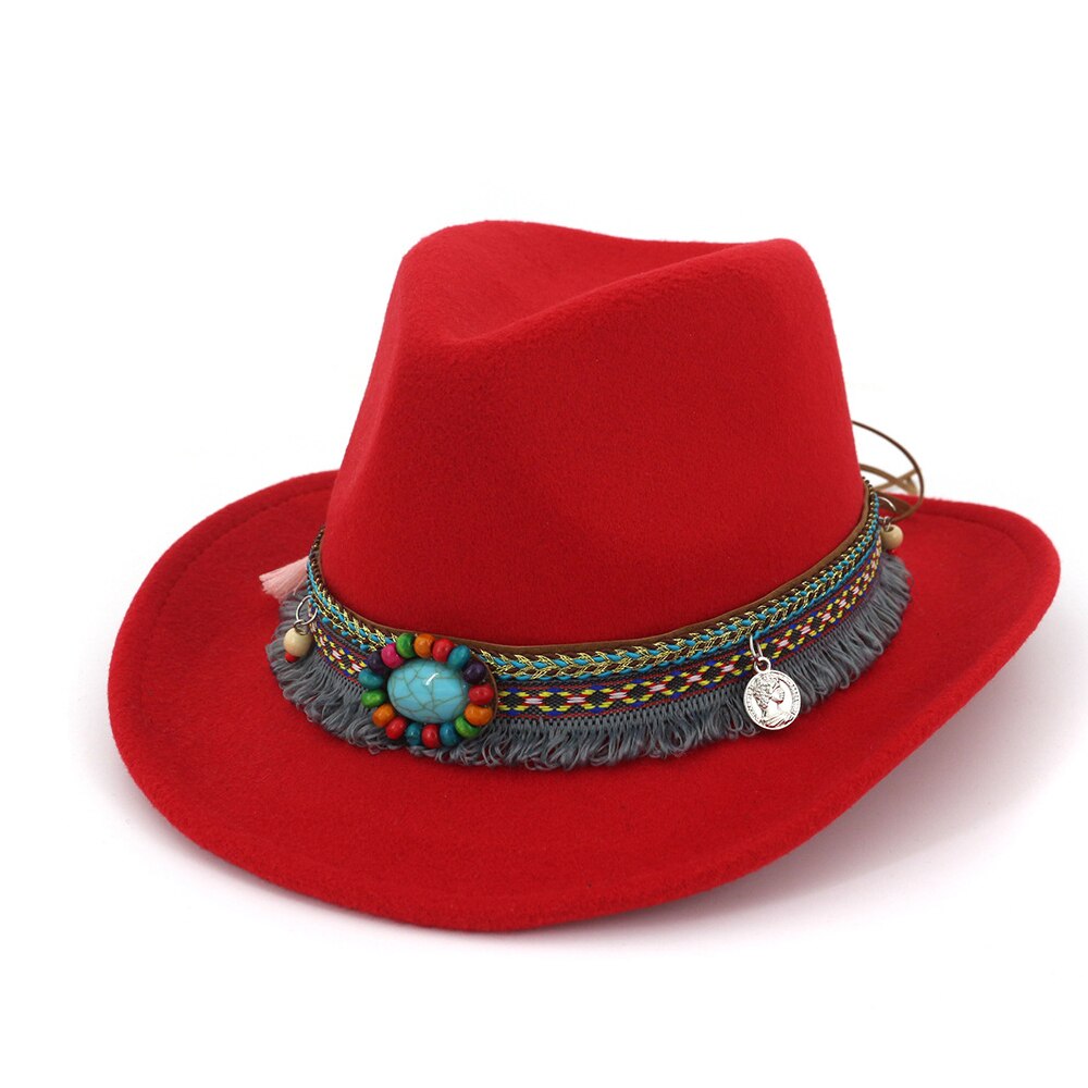 Women Wool Western Cowboy Hat With Tassel Ribbon Wide Brim Jazz Hat Sombrero Hombre Hat