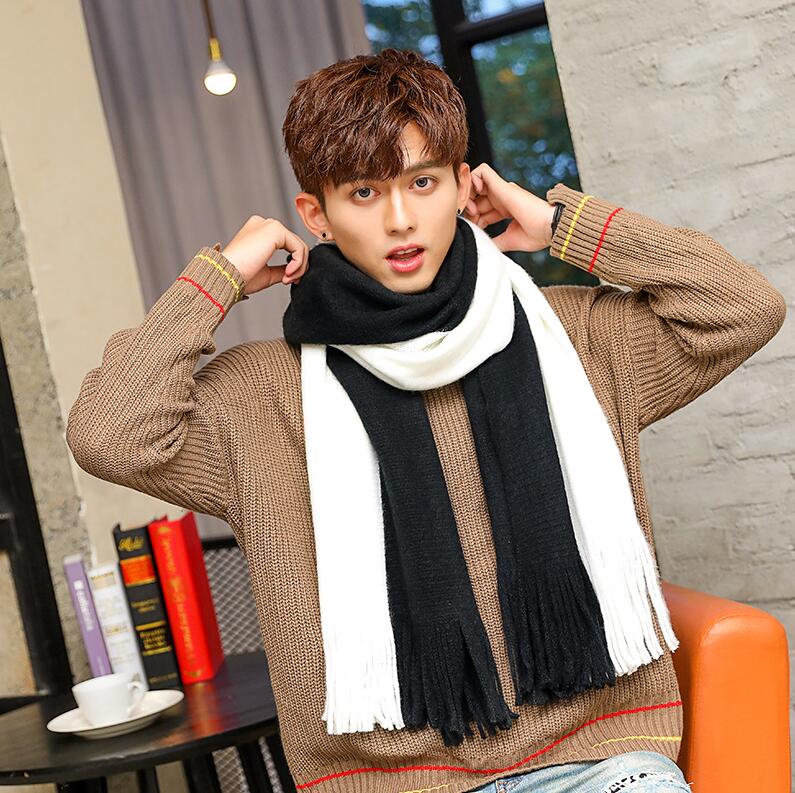 Pañuelo y grueso para hombre, bufanda de lana tejida, para estudiantes jóvenes, color azul marino, vino tinto, invierno,: Black and white