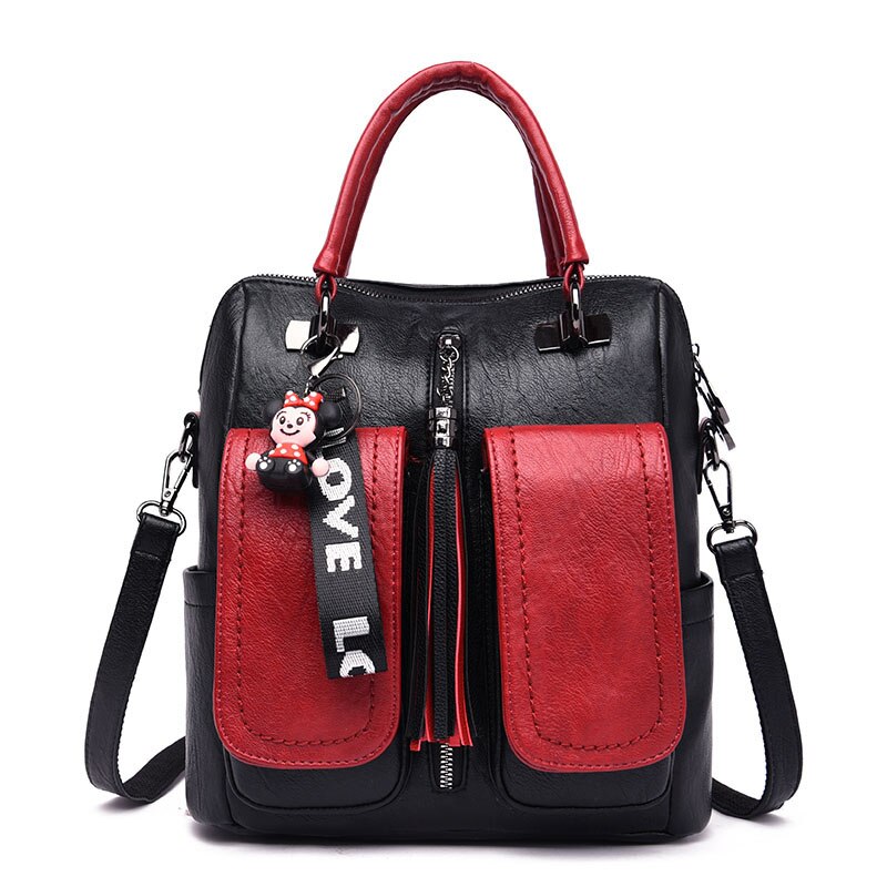 Winter vrouwen leren rugzak dames mode patchwork kleuren multifunctionele rugzakken mochila feminina bagpack sac a dos femme: Red and Black