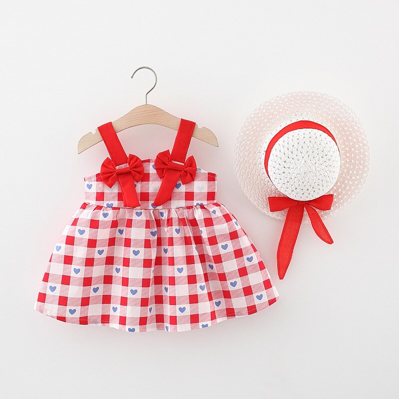 Set di vestiti per neonati estivi in 2 pezzi abiti da bambina per bambini abito da spiaggia in cotone senza maniche scozzese con fiocco carino + cappello da sole BC2176: Rosso / 10(12-24M)