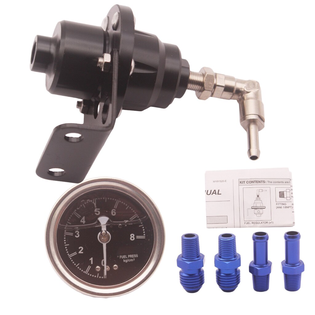 Universal Adjustable Aluminum Fuel Pressure Regulator Valve Kit and 160 Psi Pressure Gage with AN6 +AN8 Fitting Connectors Kit