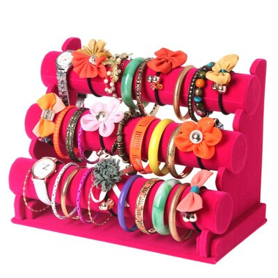 BUENOS Vintage PU Leather / Velvet T-Bar Rack Bracelet Chain Watch Jewelry Organizer Holder Jewelry Display Stand: rose red3