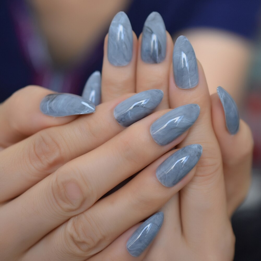 Marbling False Nails Grey Stiletto Shiny Marble Nail Art Tips Medium Size Pointed Sharp Nails 24 Count: L5465