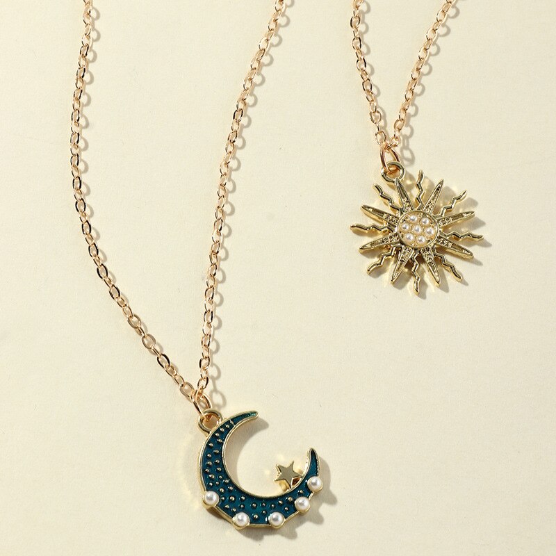 Vintage Double Necklace Pearl Sun Moon Necklace for Women Pendant Choker Necklace Chains for Jewelry Indie Aesthetic Hippie