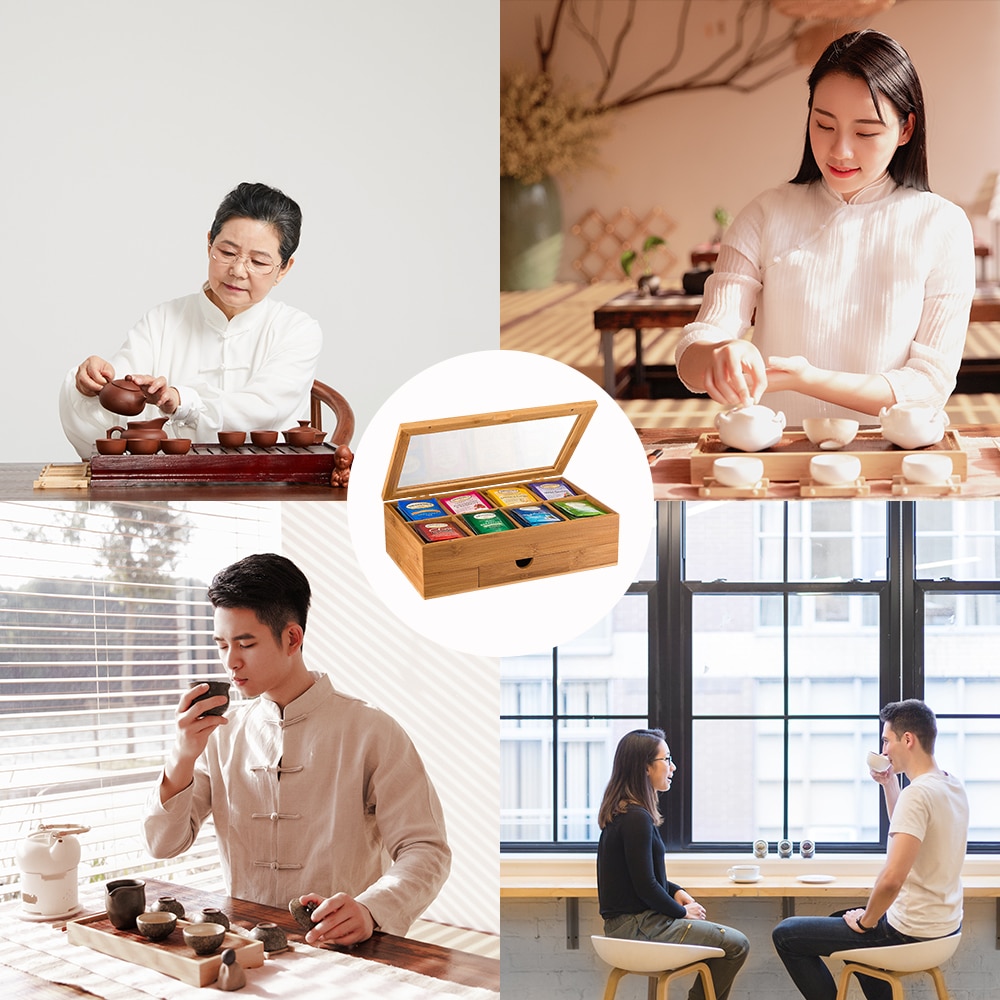 Bamboo System Tea Bag Jewelry Organizer Storage Box 5 Compartments Tea Box Organizer Wood Sugar Packet Container