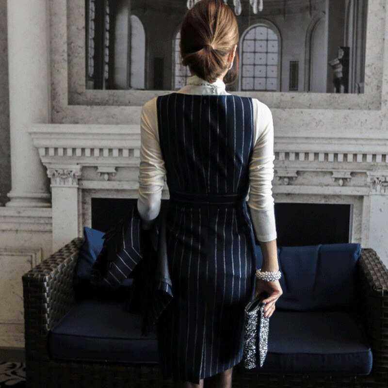 Aphrodite hjem kvinder sæt langærmede blazer stribet midt kjole overalls todelt jakkesæt formel kvindelig kontor dame