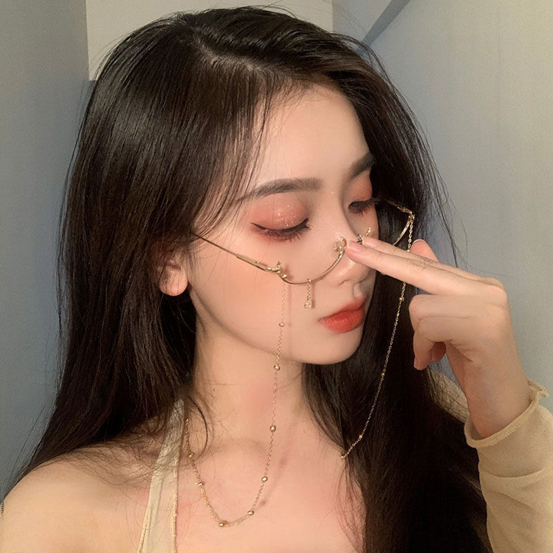 Half-frame Glasses Without Lens Glasses Frame with Chain Women Accessories Metal Chain Eyes Glasses Face Jewelry