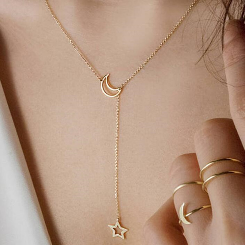 Jewelry Star Moon Choker Necklace For Women Girl Gold Color Chain Hollow Star Pendant Necklace: Gold-color
