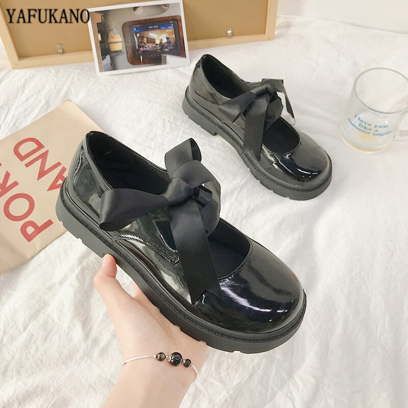 Autumn Ribbon Lace-up Japanese Small Leather Shoes Student Uniform Thick-Soled Mary Janes Flats British Style Big Head Doll Shoe: apricot / 36