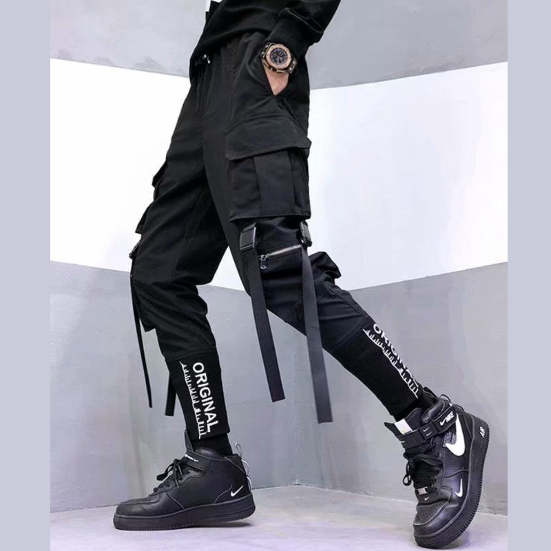 Stilig japansk harajuku streetwear bukse for menn båndlommer cargo joggers techwear menns bukser hip hop