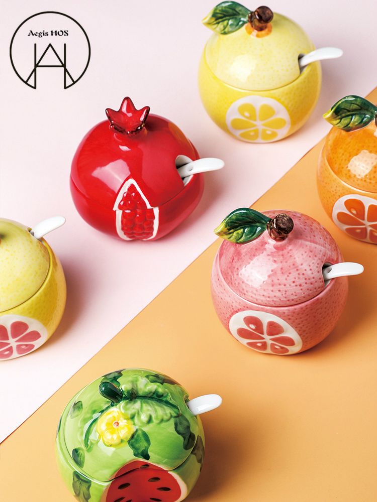 watermelon modeling storage tank ceramic seasoning jar fruit relief incense tank with lid salt tank Sugar Bowl