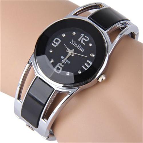 Women Bangle Watch Bracelet Quartz Watch with Rhinestone Round Dial Stainless Steel Band Wrist Watches with Box: 681black