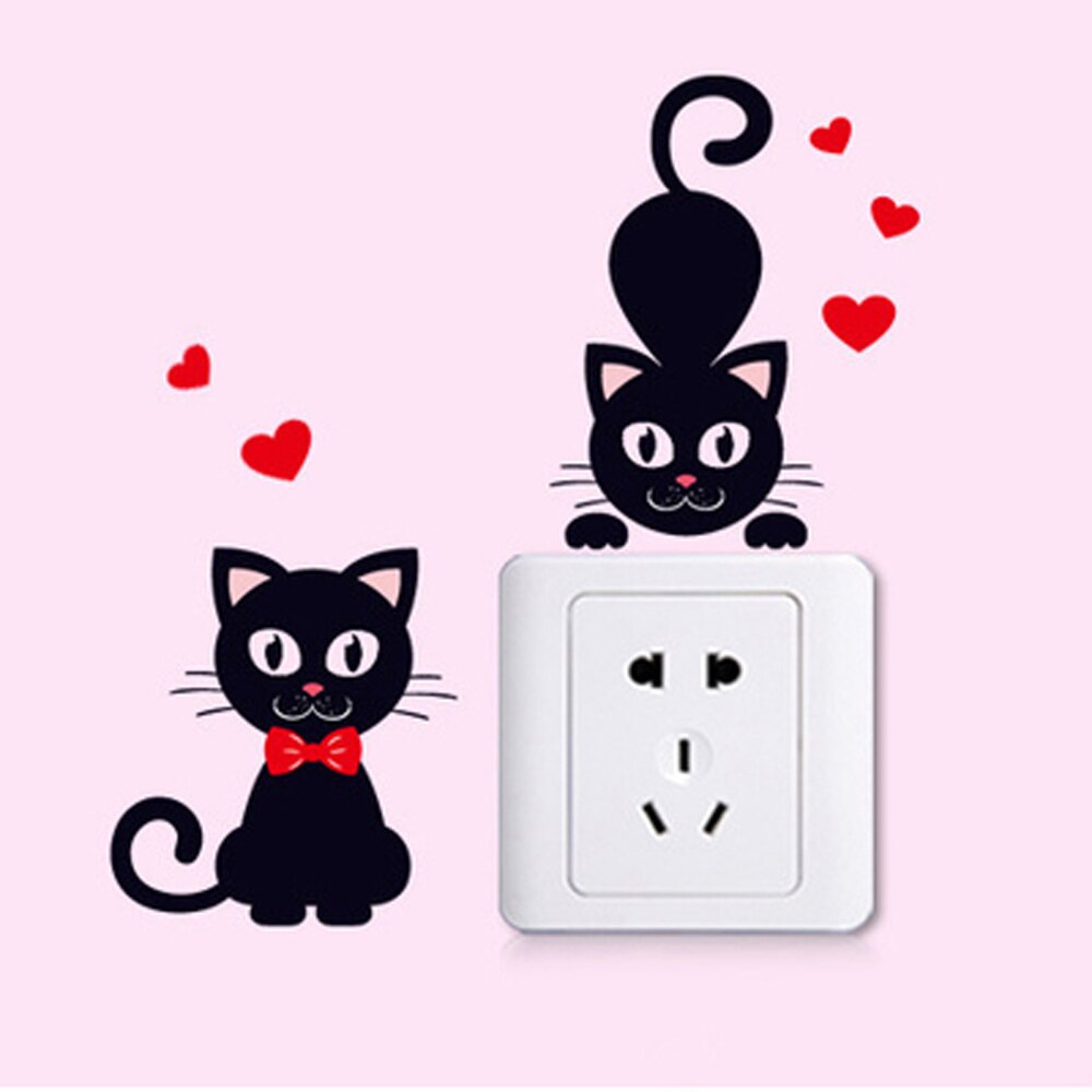 Autocollant Mural amovible en PVC noir | 2 pièces, autocollant de commutation de chat noir, autocollant Mural, dessin animé, pâte de prise d'animaux, décor de maison, chambre d'enfants amusant, bricolage: K1-001