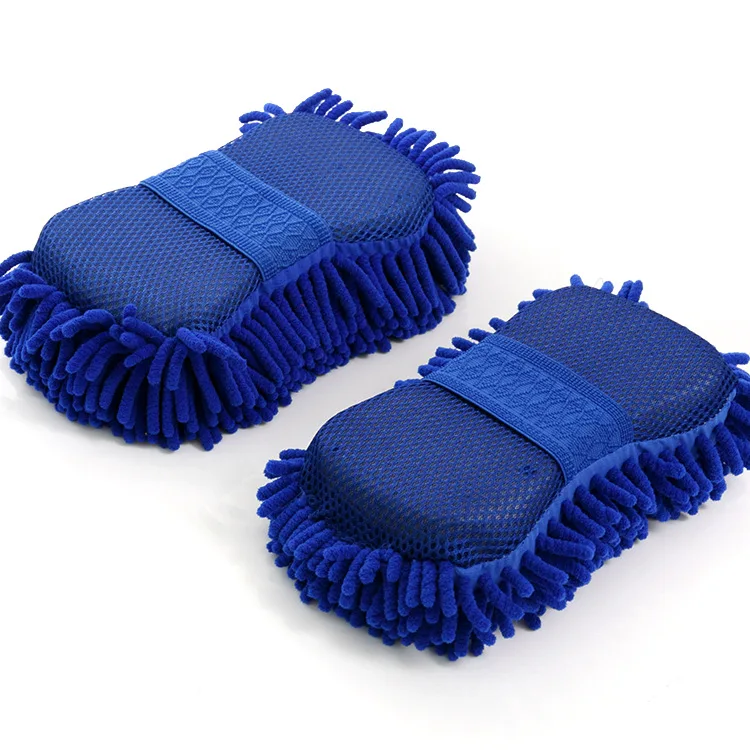 Esponjas de microfibra para lavado de coches y motocicletas, manopla de lavado de polvo de chenilla, guantes de limpieza para motocicleta, herramientas de esponja para lavado de coches y Motor, 2 uds.: Azul