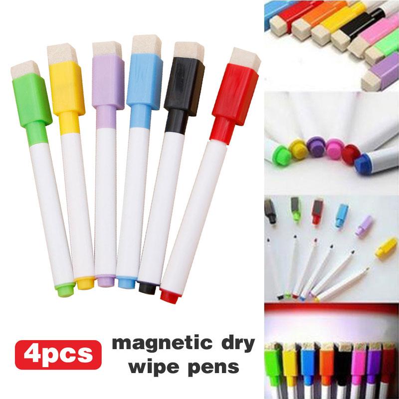 Stylo pour tableau blanc magnétique effaçable, 4 couleurs aléatoires, marqueur pour tableau blanc, fournitures scolaires lisses, lingette sèche pour enfants