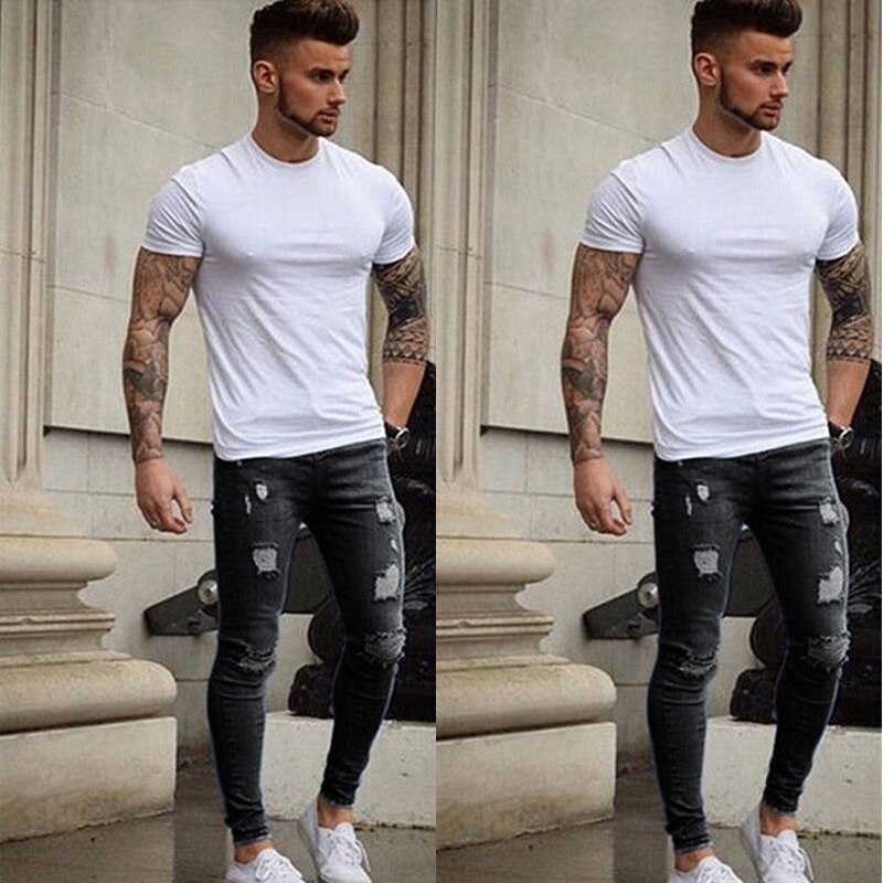 Men's Stretchy Biker Jeans Skinny Destroyed Taped Slim Fit Denim Pencil Pants Ripped Jeans for Male Light Blue S-XXXL: Black / S